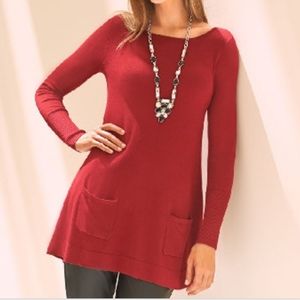 Susan Graver Red Tunic Sweater w/ 2 Pockets Size M